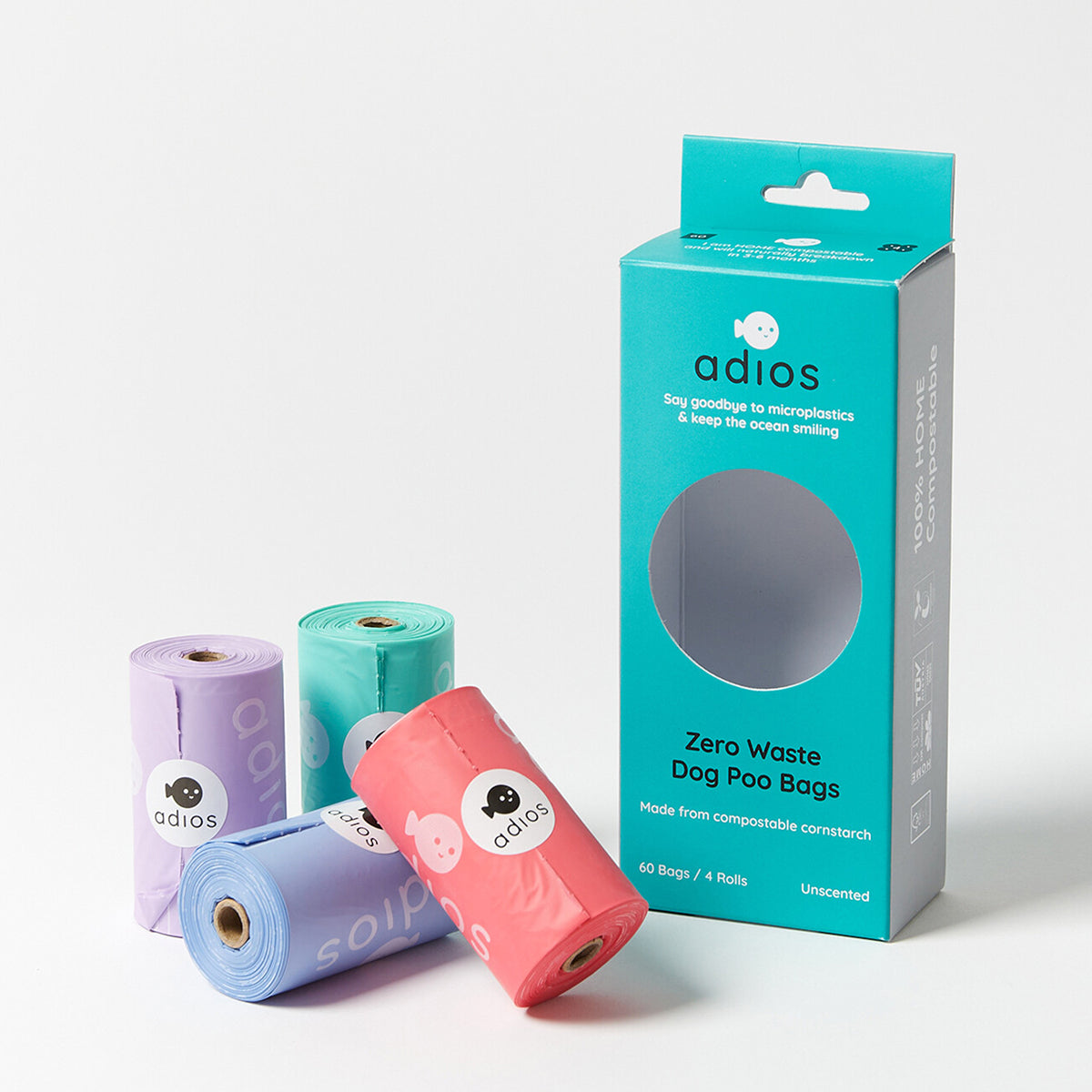 Colourful, compostable & biodegradable dog poo bags by Adios π©π±