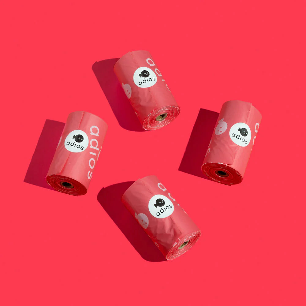 Colourful, compostable & biodegradable dog poo bags by Adios π©π±