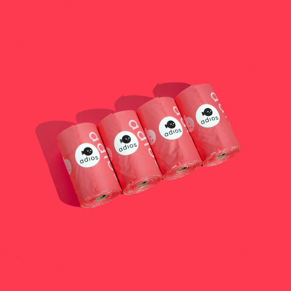 Colourful, compostable & biodegradable dog poo bags by Adios π©π±