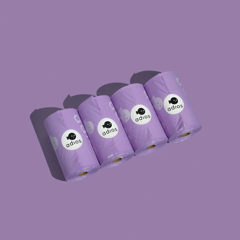 Colourful, compostable & biodegradable dog poo bags by Adios π©π±