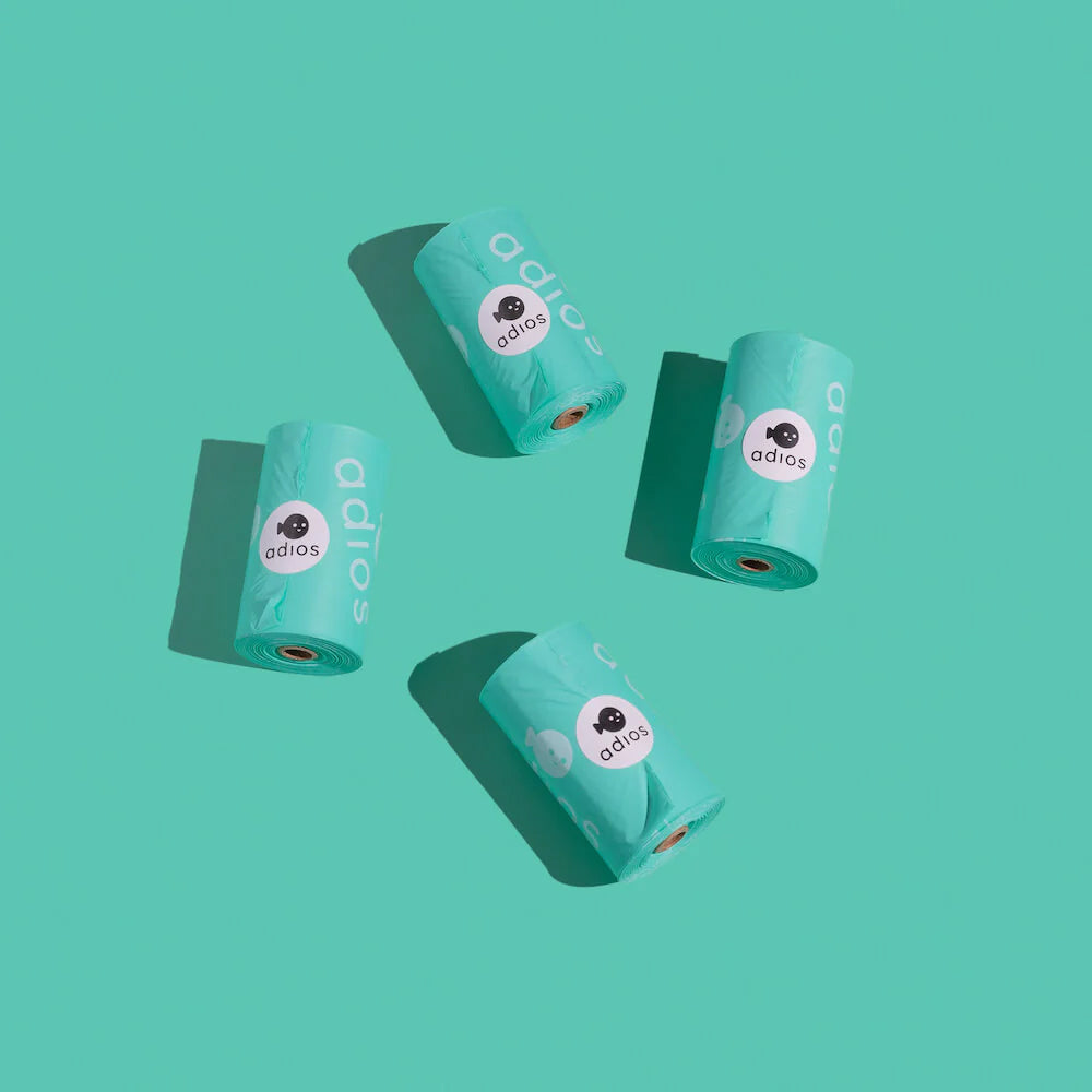 Colourful, compostable & biodegradable dog poo bags by Adios π©π±