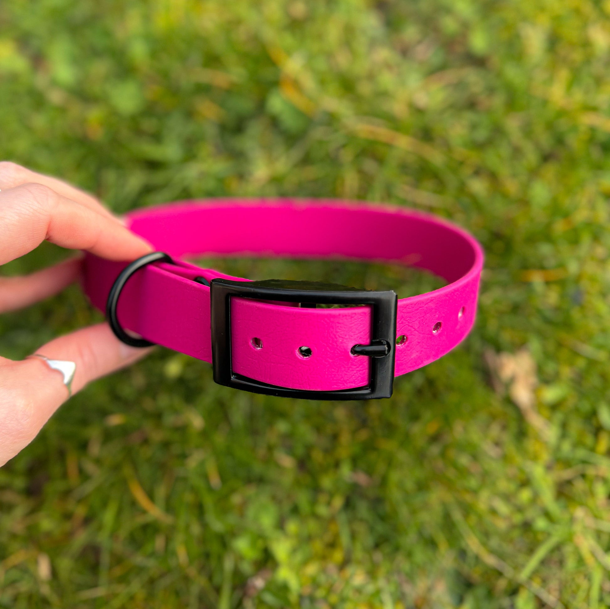 Magenta Pink waterproof BioThane dog collar, with black hardware in hand