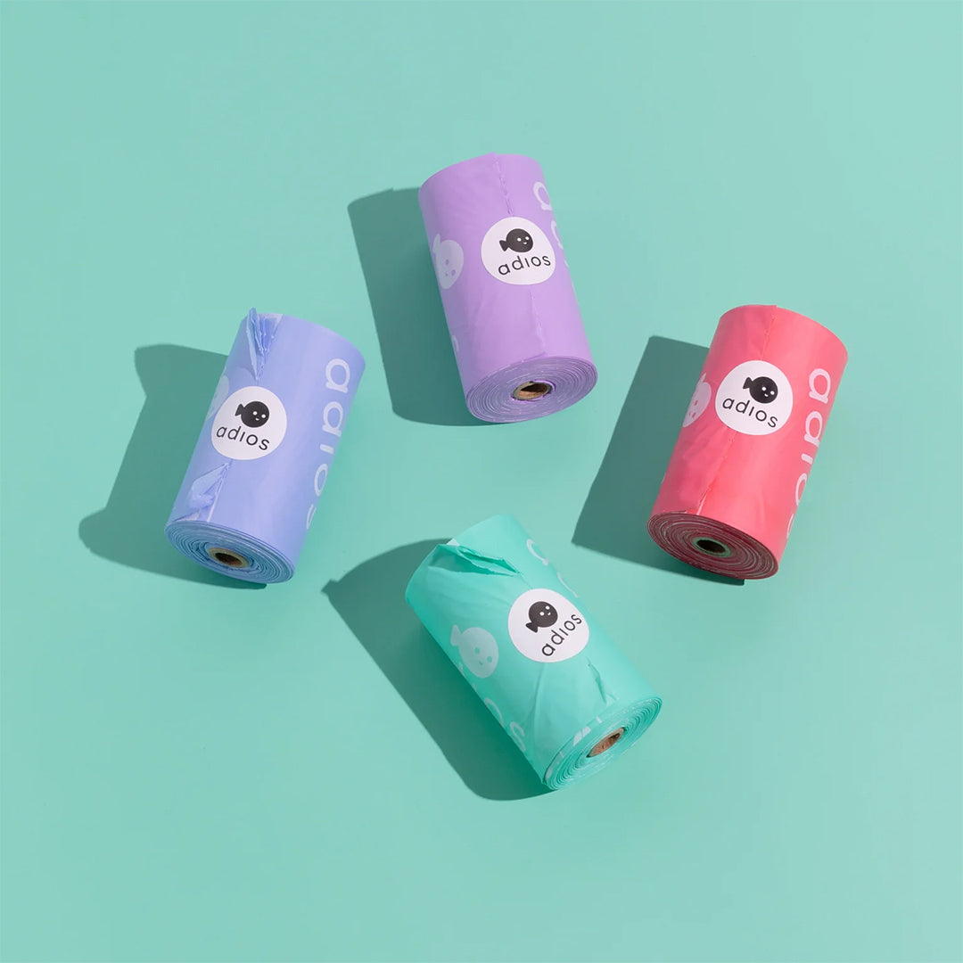 Colourful, compostable & biodegradable dog poo bags by Adios 💩🌱