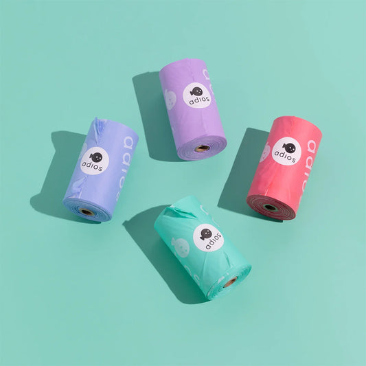 Colourful, compostable & biodegradable dog poo bags by Adios 💩🌱